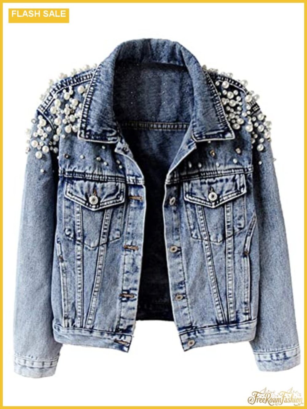 Women's Denim Jacket Embroidered Pearl Button Up Long Sleeve